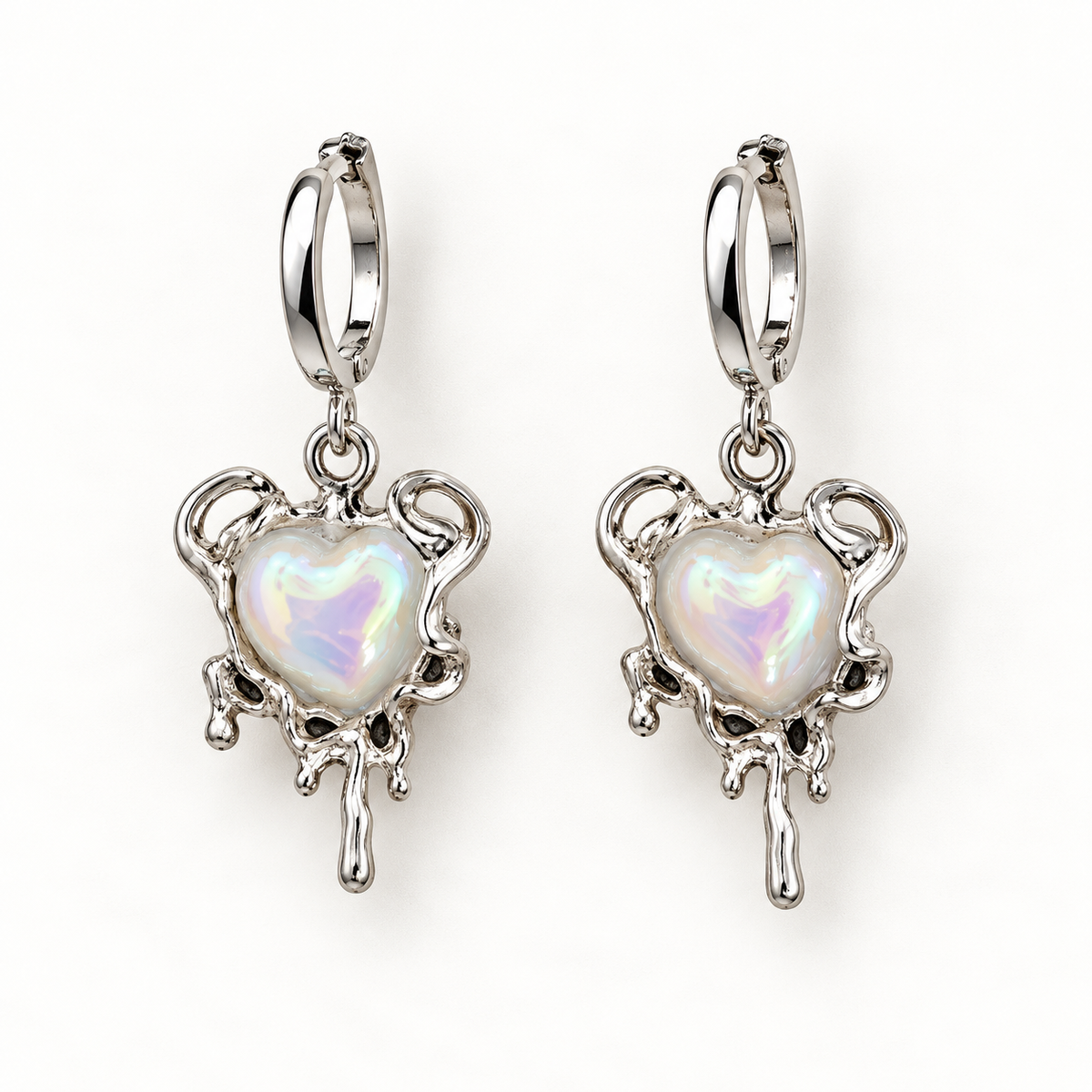 Iridescent Heart Silver Drop Earrings
