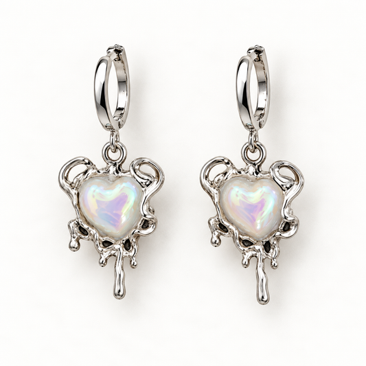 Iridescent Heart Silver Drop Earrings