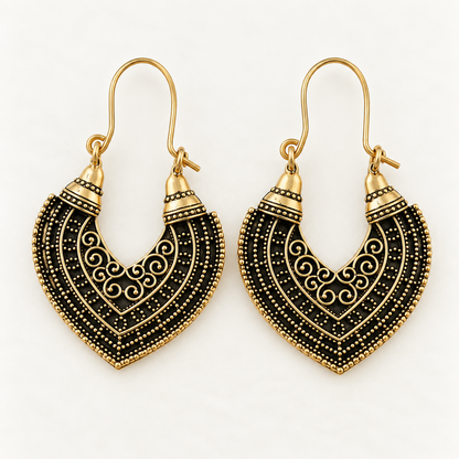 Ornate Black Gold Filigree Drop Earrings